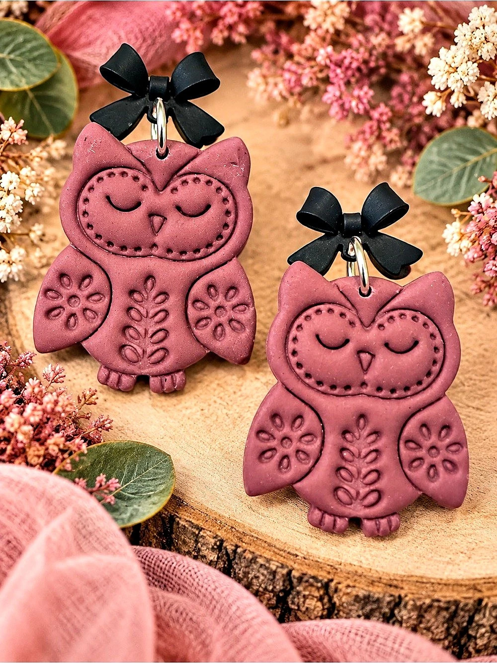 Owl Drop Earrings in Pink & Black